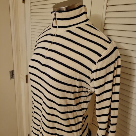 LL Bean Striped Half Zip Pullover Cream Black Medium 90s Y2K Long Sleeve Top - Picture 3 of 8